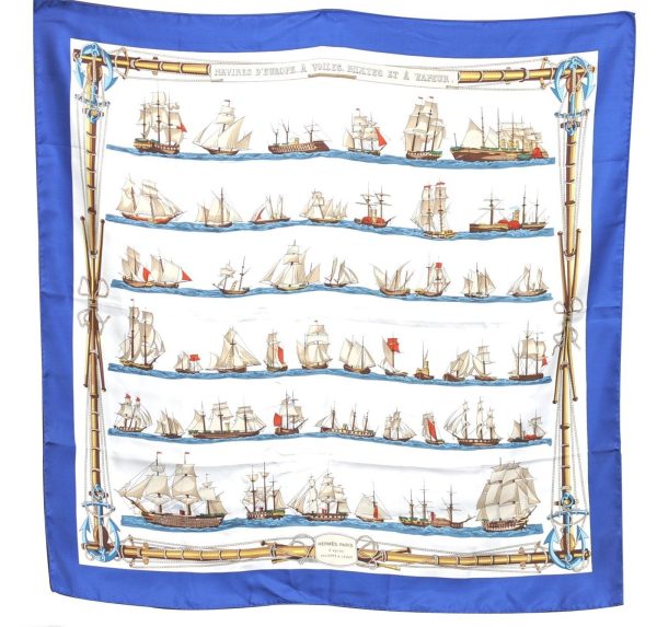 Auth HERMES Carre 90 Scarf  NAVIRES D EUROPE A VOILES, MIXTES  Silk Navy H6685 Discount