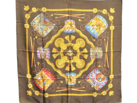 Authentic HERMES Carre 90 Scarf  LES TAMBOURS  Silk Brown H1760 For Discount