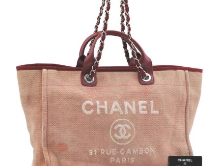 Auth Chanel Deauville Line Chain Shoulder Tote Hand Bag Canvas Pink Red H3380 For Cheap