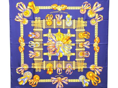 Authentic HERMES Carre 90 Scarf  LES RUBANS DU CHEVAL  Silk Blue Box 8430C Cheap