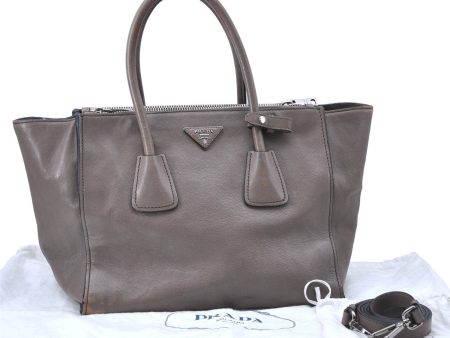 Authentic PRADA Leather 2Way Shoulder Tote Bag Brown Gray H6859 Sale