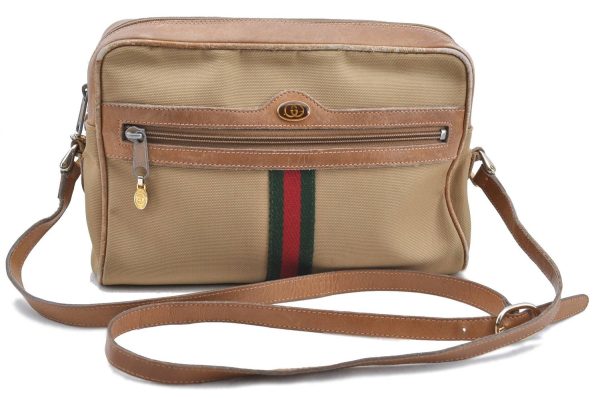 GUCCI Web Sherry Line Shoulder Cross Bag Nylon Leather 010378 Beige H7350 For Discount