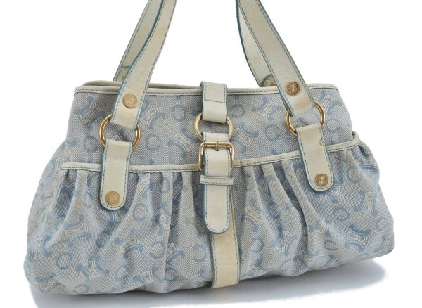 Auth CELINE C Macadam Pattern Shoulder Tote Bag Canvas Leather Light Blue H2969 For Cheap