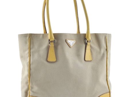 Authentic PRADA Canvas Leather Tote Shouler Bag Beige Yellow H6169 Fashion