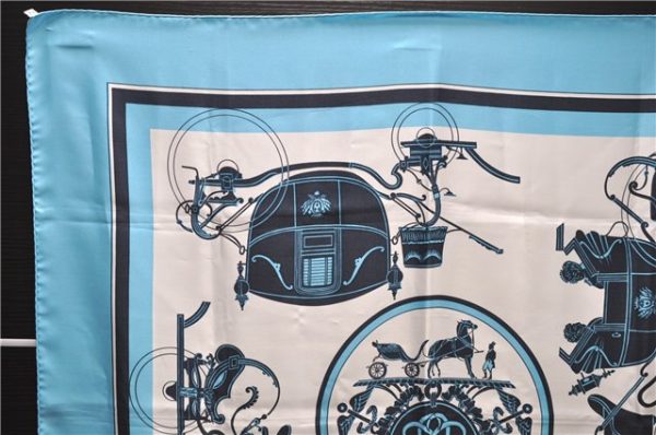 Authentic HERMES Carre 90 Scarf Horse Carrige Motif Silk Light Blue 2808D Online now