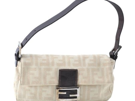 Auth FENDI Mamma Baguette Shoulder Hand Bag Canvas Leather Ivory Beige J0167 Fashion