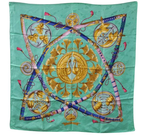 Auth HERMES Carre 90 Scarf  DAIMYO PRINCES DU SOLEIL LEVANT  Silk Green 5022C For Discount