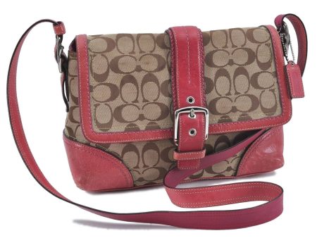 Auth COACH Signature Shoulder Cross Bag Canvas Leather F12641 Brown Pink H0234 Online Sale