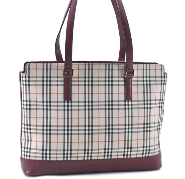 Authentic BURBERRY Nova Check Shoulder Tote Bag Canvas Leather Beige Red H8220 Fashion