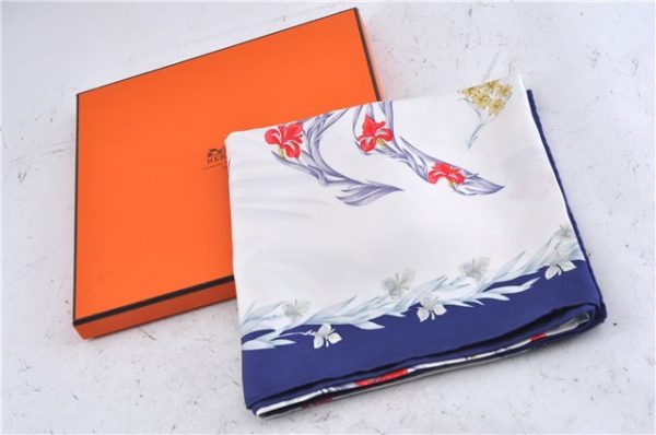 Authentic HERMES Carre 90 Scarf Flower Horse Motif Silk Navy Box 4252C Discount