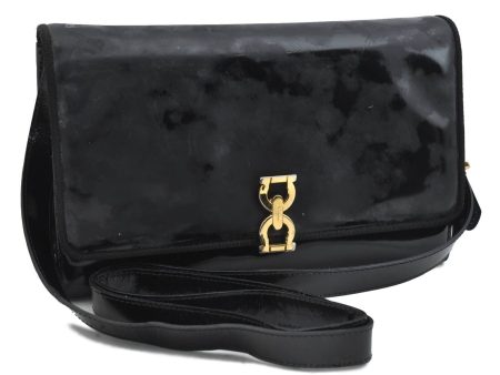 Auth Ferragamo Gancini Enamel Shoulder Cross Body Bag Clutch Purse Black H2674 Sale