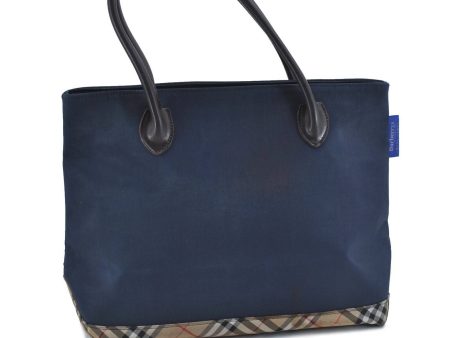 Auth Burberrys BLUE LABEL Check Nylon Leather Shoulder Tote Bag Navy Blue H1403 Online