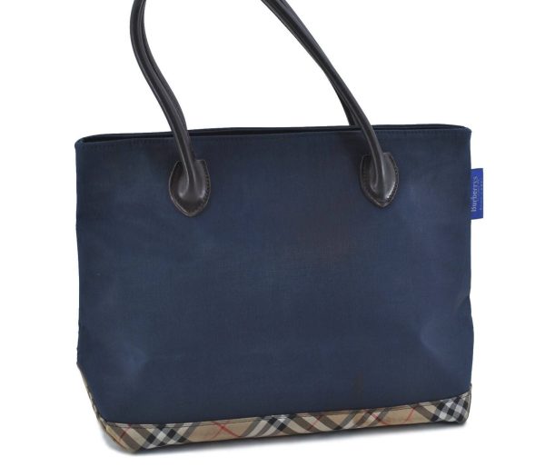 Auth Burberrys BLUE LABEL Check Nylon Leather Shoulder Tote Bag Navy Blue H1403 Online